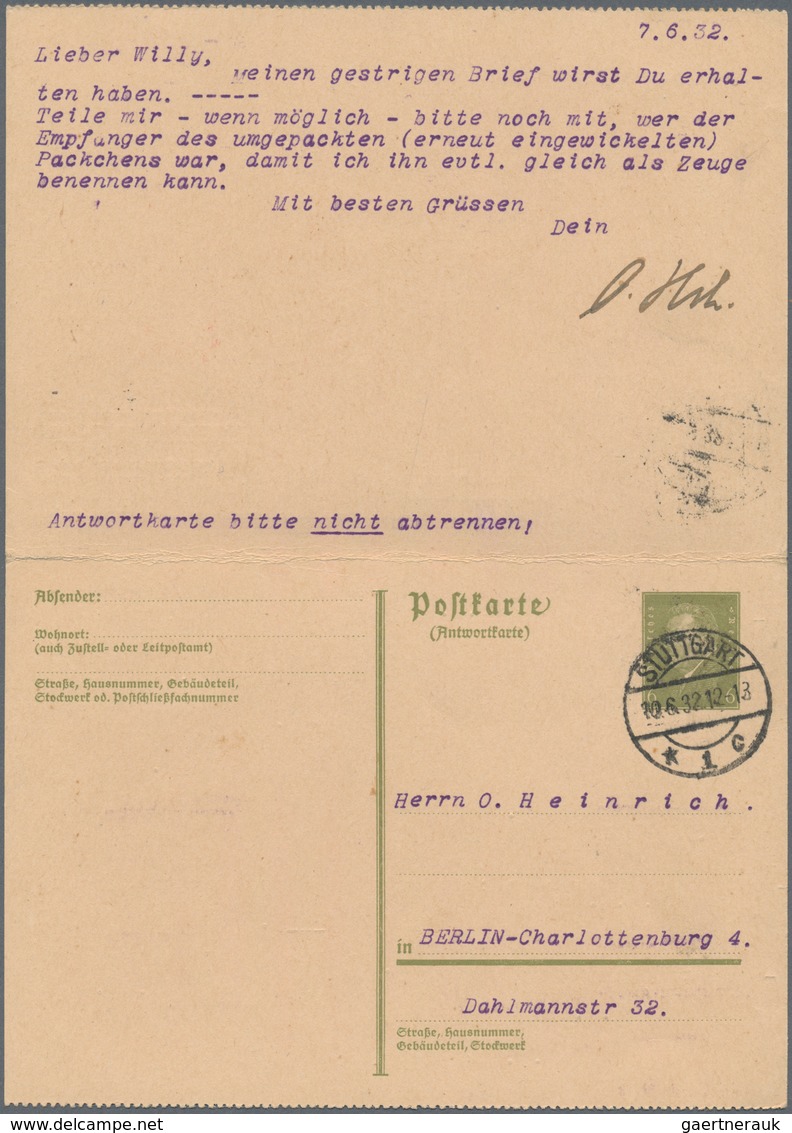 Deutsches Reich - Ganzsachen: 1932, Bedarfs- Und Portogerecht Doppelt Verwendete Ganzsachendoppelkar - Andere & Zonder Classificatie