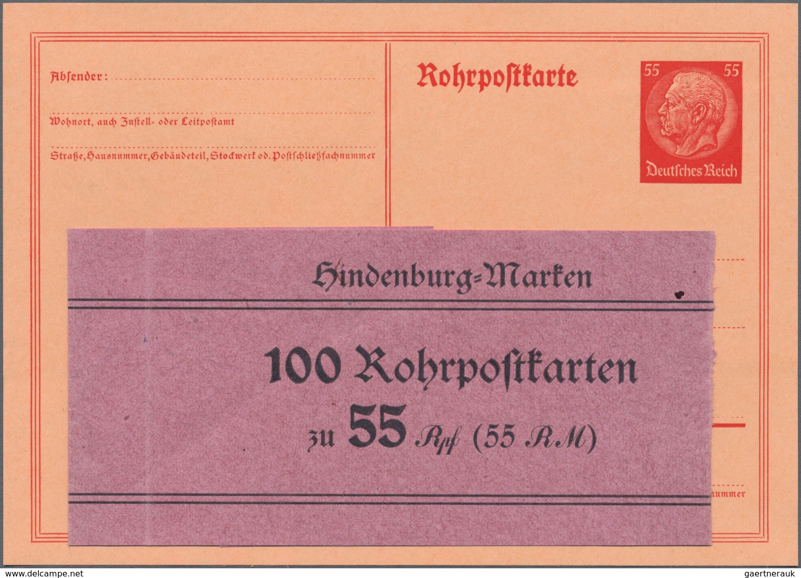 Deutsches Reich - Ganzsachen: 1934. Rohrpost-GA 55 Pf Hindenburg Mit Banderole Für 100 RP-Karten Zu - Andere & Zonder Classificatie