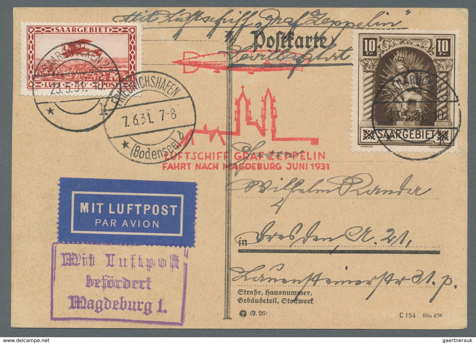 Deutsche Abstimmungsgebiete: Saargebiet: 1931 - Landungsfahrt Nach Magdeburg, Zuleitung Saar Auf Hoc - Brieven En Documenten