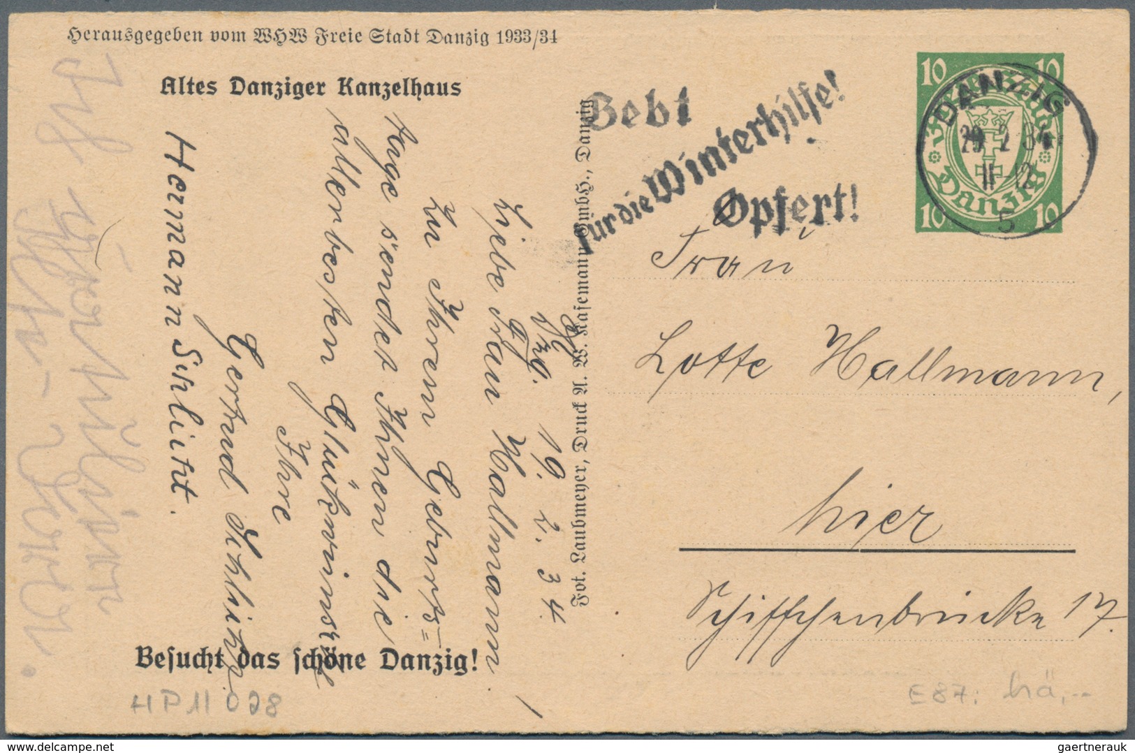 Danzig - Ganzsachen: 1934, Bedarfs- Und Portogerecht Verwendete Ganzsachenbildpostkarte Wst. Wappen - Andere & Zonder Classificatie
