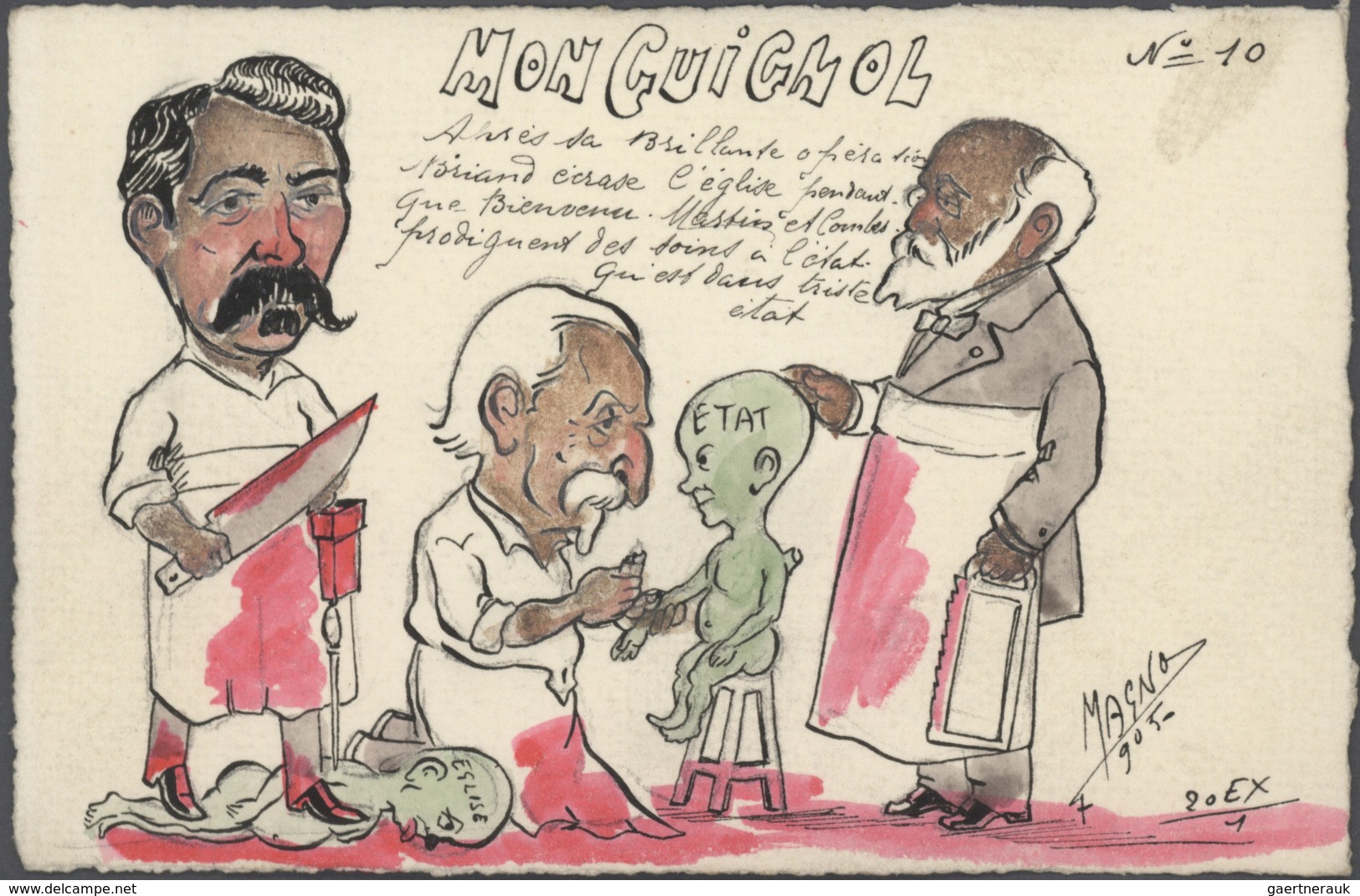 Ansichtskarten: Künstler / Artists: MAGNO, "Mon Guignol" u. a., 22 handkolorierte Karten zur französ