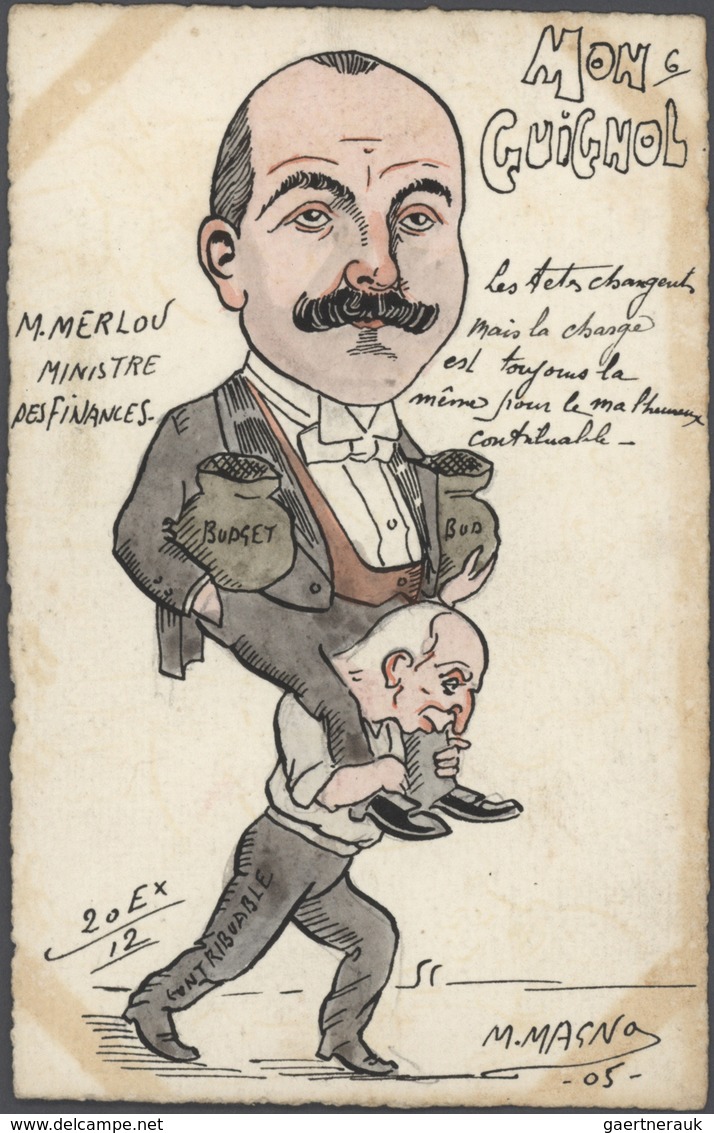 Ansichtskarten: Künstler / Artists: MAGNO, "Mon Guignol" u. a., 22 handkolorierte Karten zur französ