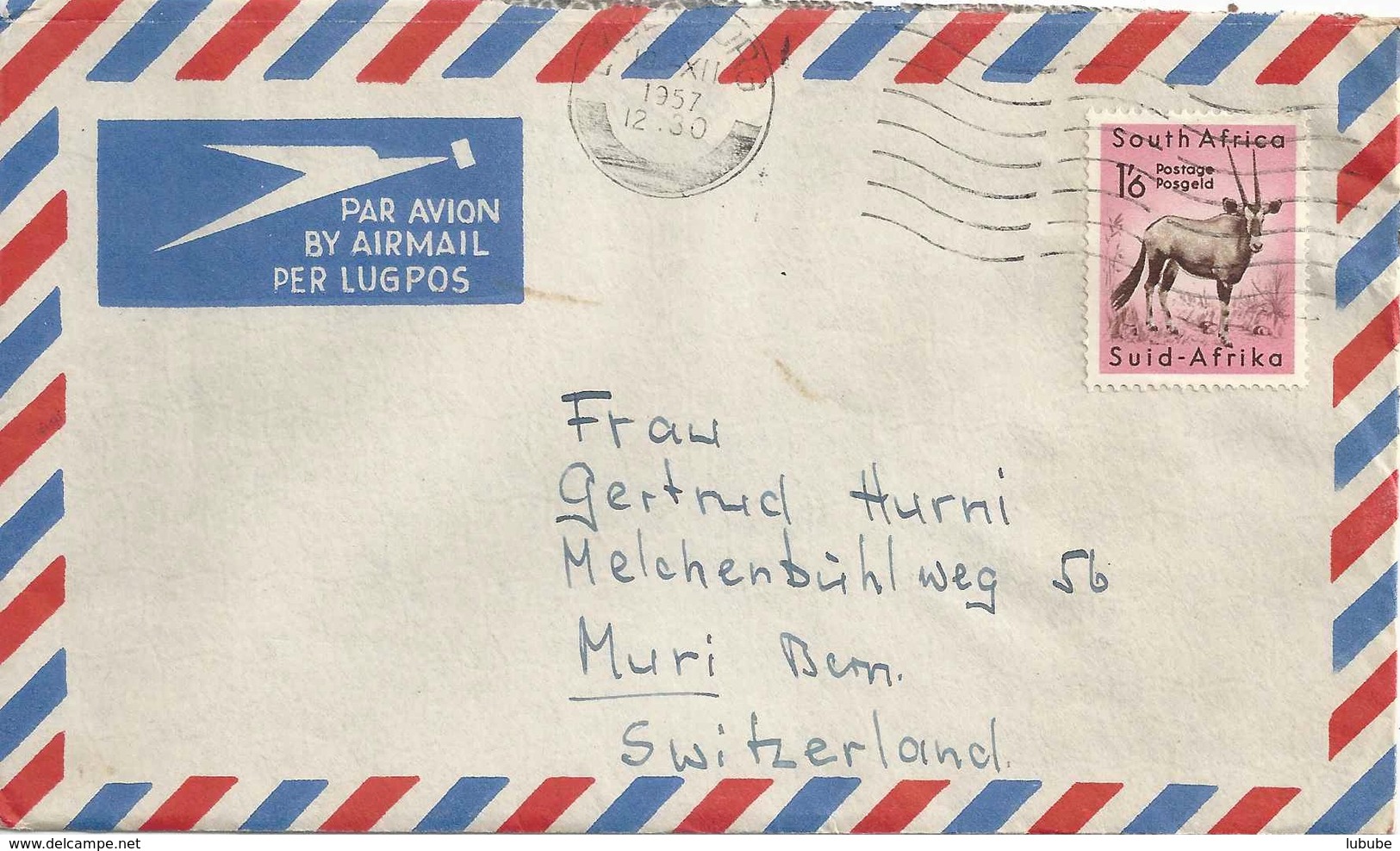 Airmail  Lydenburg - Muri B.Bern       1957 - Luchtpost