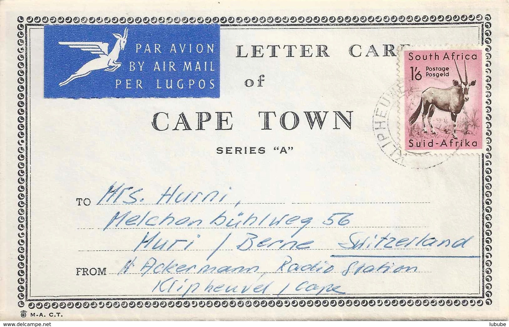 Airmail Letter Card  "Cape Town"  Klipheuvel           1957 - Luftpost