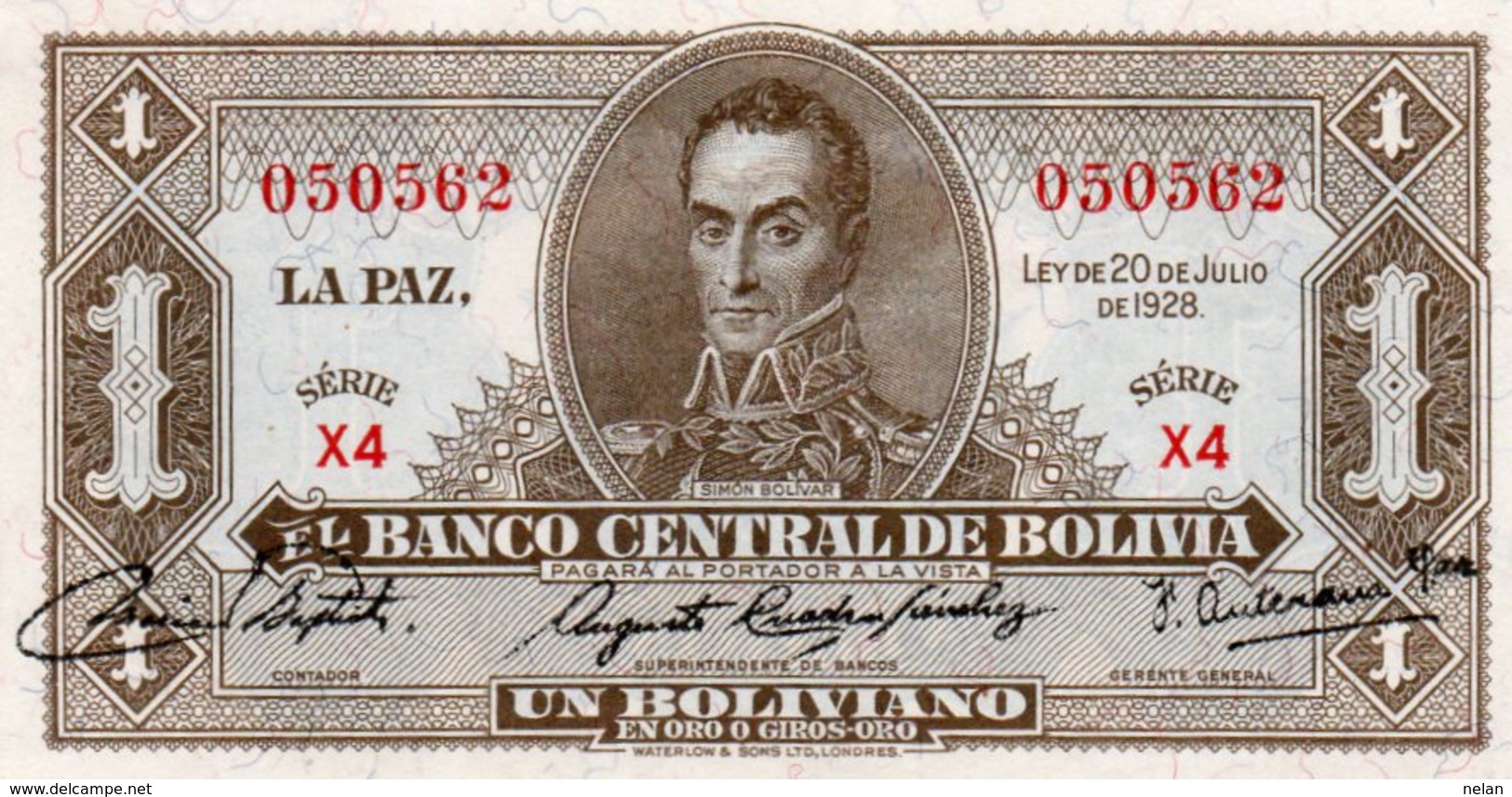 BOLIVIA 1 BOLIVIANO 1928 P-128 UNC  SERIE X4 - Bolivie