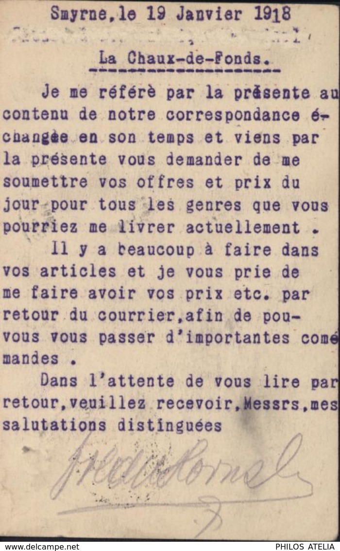 Entier Turquie Rouge CAD Smyrne 19 1 18 Recommandé Pour Chaux De Fonds Suisse Cachet Fred W Hornstein Agent - 1837-1914 Smirne