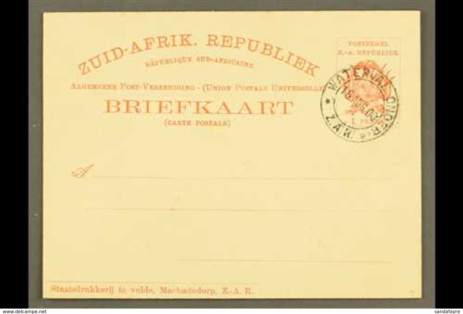 TRANSVAAL (ZAR)  POSTAL STATIONERY 1900 1d Postal Card, H&G 7, Very Fine With WATERVAAL ONDER / Z.A.R Cto Cancellation O - Non Classés