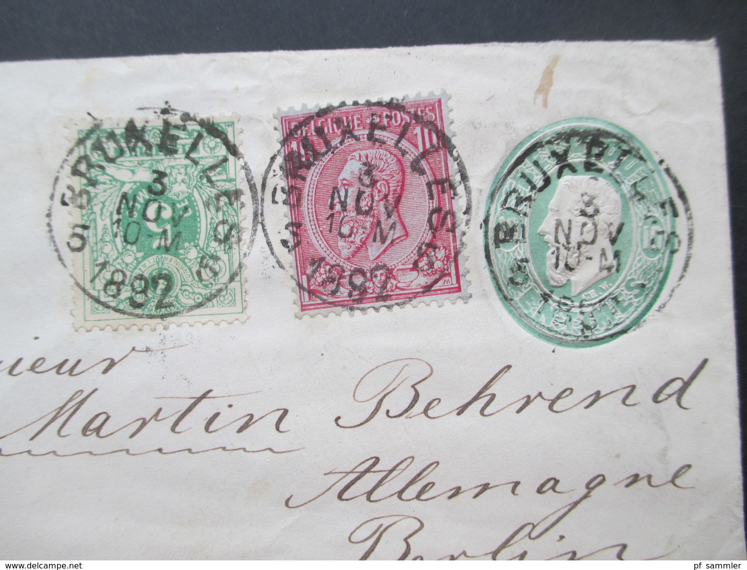 Belgien 1892 GA Umschlag U2 Mit 2 Zusatzfrankaturen MiF Verschiedener Ausgaben! Bruxelles Nach Berlin Mit Ak Stempel - Omslagbrieven