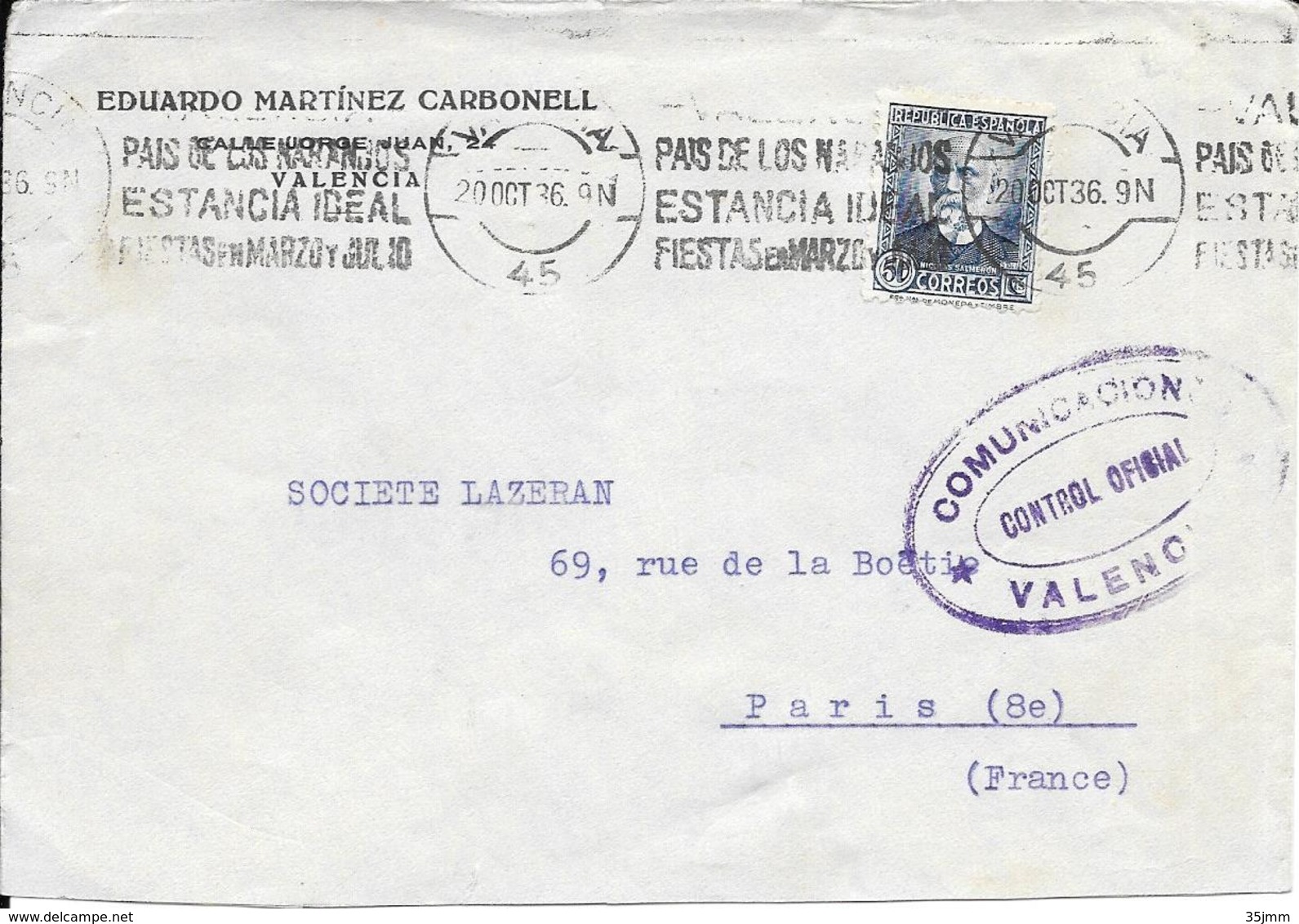 Lettre    1936  Censure  Censor Geoffnet Examiner Censura War - Marques De Censures Républicaines