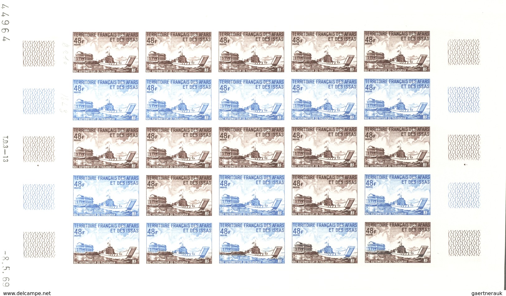 Afar und Issa: 1969/1977, IMPERFORATE COLOUR PROOFS, MNH collection of 52 complete sheets (=1.200 pr