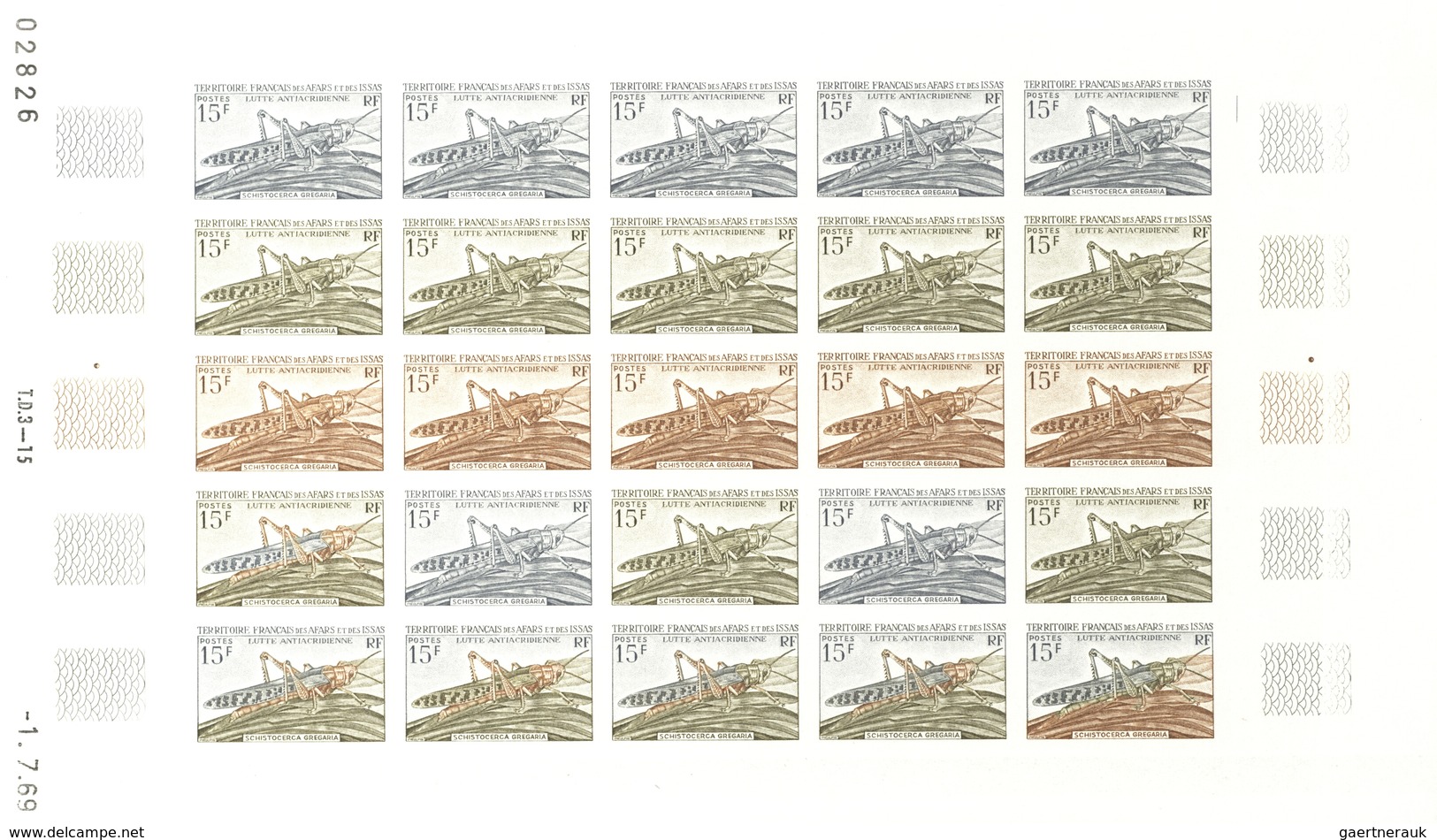 Afar und Issa: 1969/1977, IMPERFORATE COLOUR PROOFS, MNH collection of 52 complete sheets (=1.200 pr