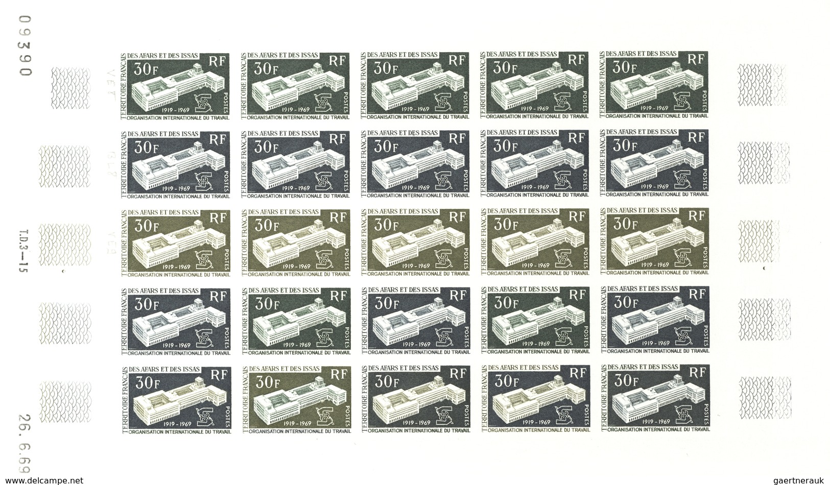 Afar und Issa: 1969/1977, IMPERFORATE COLOUR PROOFS, MNH collection of 52 complete sheets (=1.200 pr