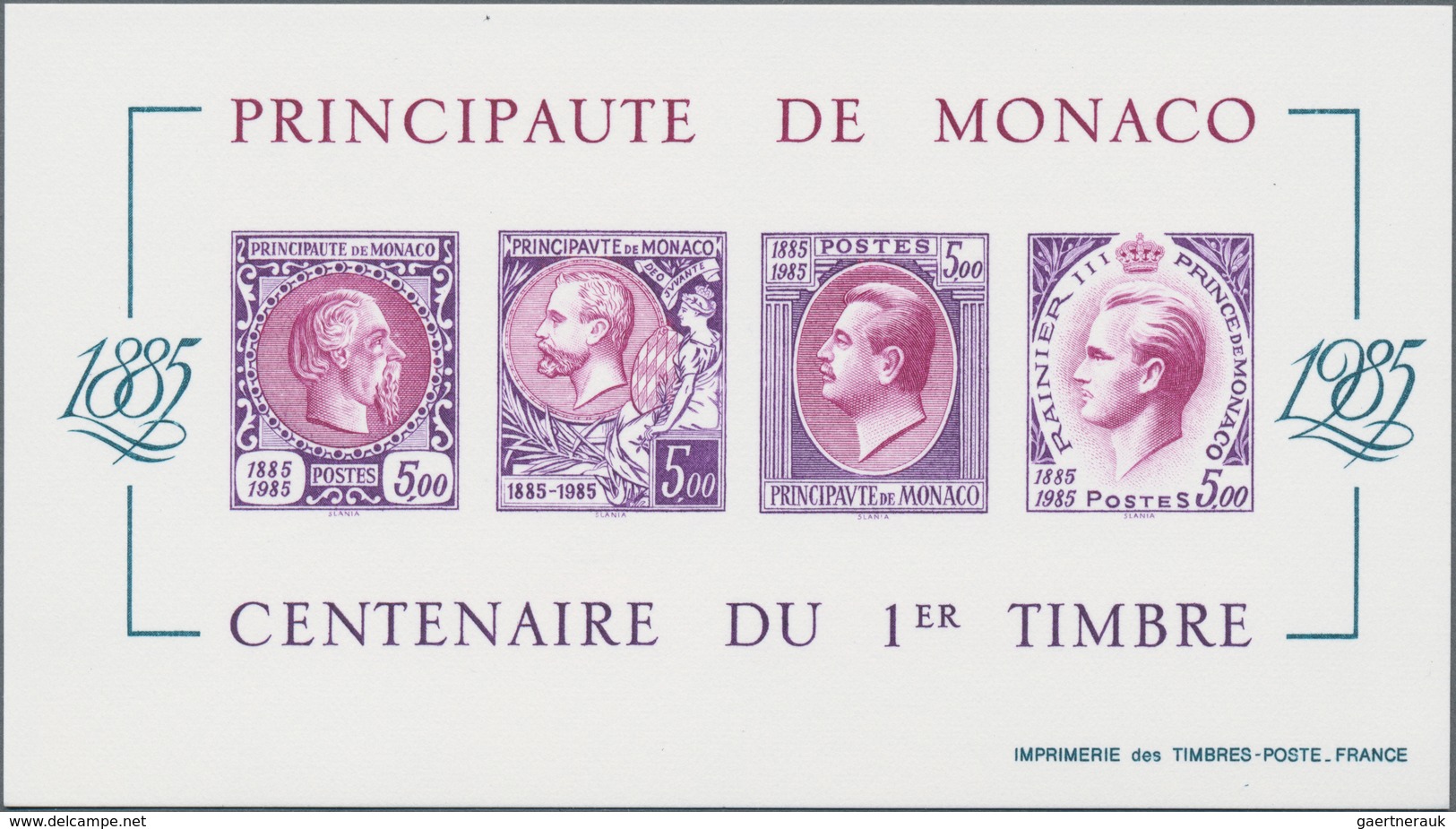 Monaco: 1985, Stamp Centenary Souvenir Sheet, Epreuve De Luxe In Differing Colours "Lilac/Purple" On - Nuevos