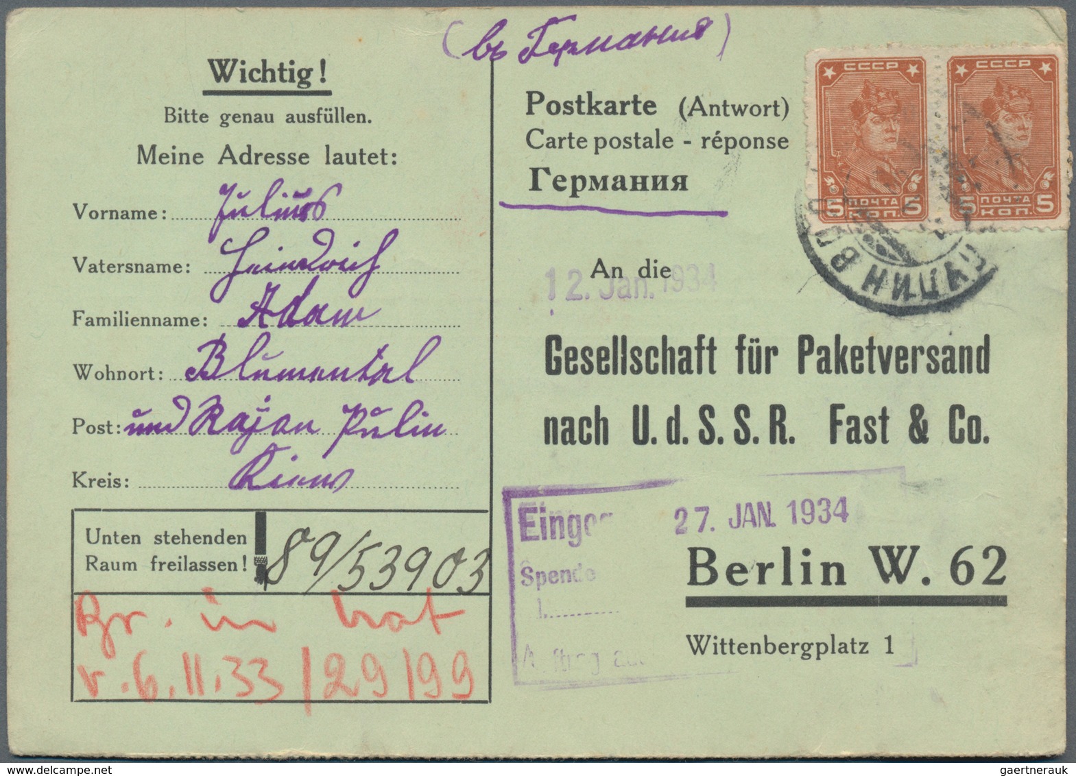 Sowjetunion: 1934, Accumulation Of Ca. 540 Postcards Sent From USSR To Berlin To The "Gesellschaft F - Lettres & Documents