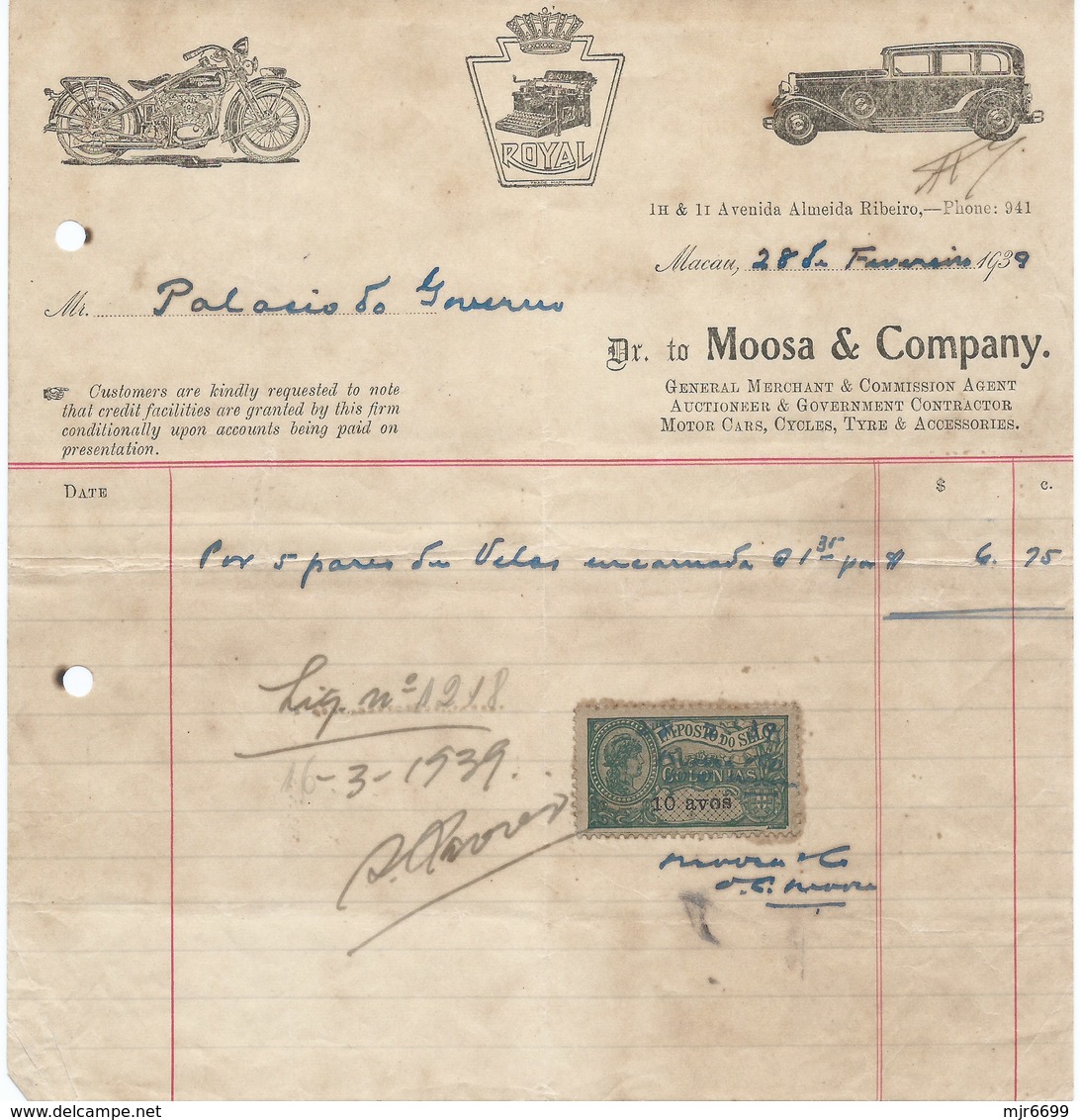 MACAU 1939 MOTOR CAR COMPANY INVOICE TO THE GOVERNMENT WITH 10 AVOS REVENUE STAMP - Brieven En Documenten