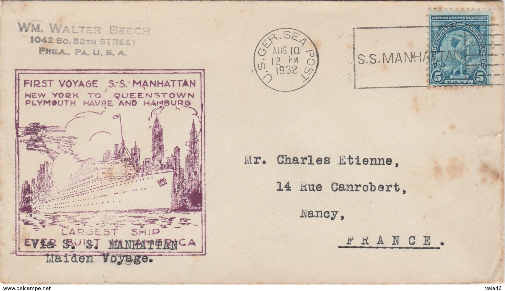 ETATS UNIS - LETTRE POUR NANCY FRANCE   1932 PREMIER VOYAGE DU S.S.MANHATTAN - Event Covers