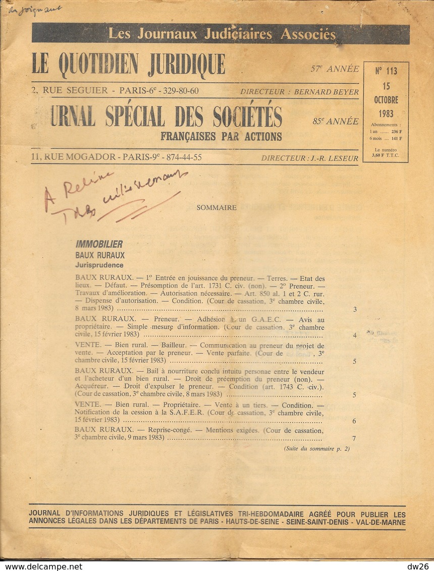 Le Quotidien Juridique - Journal Spécial Des Sociétés Françaises Par Actions - 15 Octobre 1983, N° 113 - Desde 1950