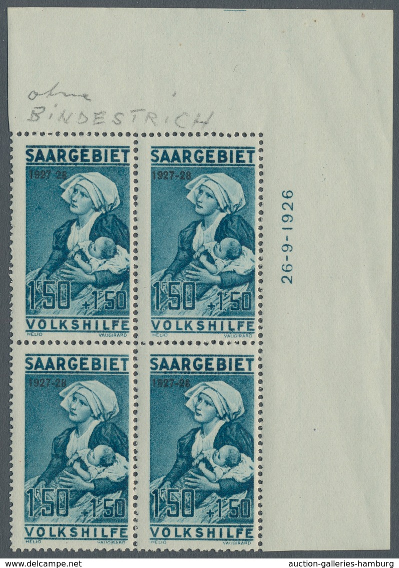 Deutsche Abstimmungsgebiete: Saargebiet: 1927, "Volkshilfe", Viererblocksatz Mit Je Einmal Druckdatu - Briefe U. Dokumente