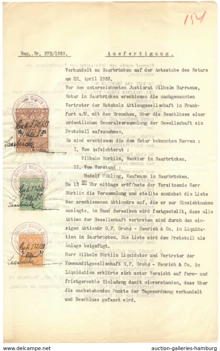 Deutsche Abstimmungsgebiete: Saargebiet: 1933, Notarsdokument Mit Drei Verschiedenen Steuermarken De - Briefe U. Dokumente