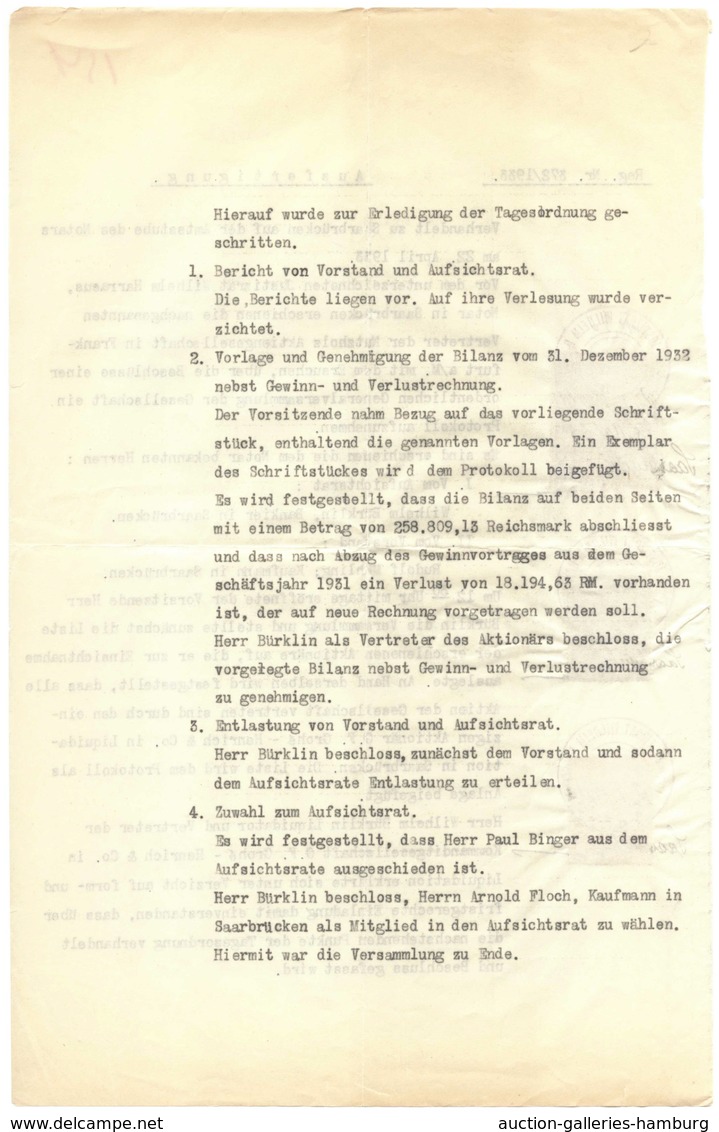 Deutsche Abstimmungsgebiete: Saargebiet: 1933, Notarsdokument Mit Drei Verschiedenen Steuermarken De - Briefe U. Dokumente