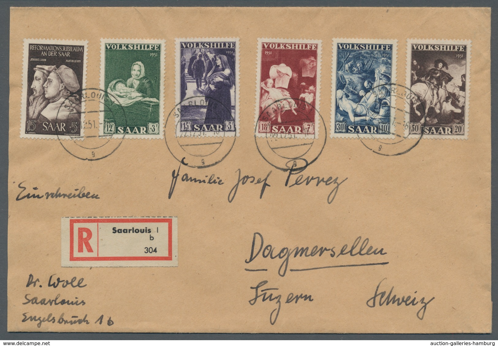 Saarland (1947/56): 1951, "Reformation Und Volkshilfe" Komplett Auf Satz-R-Brief Von SAARLOUIS 1 G 2 - Briefe U. Dokumente