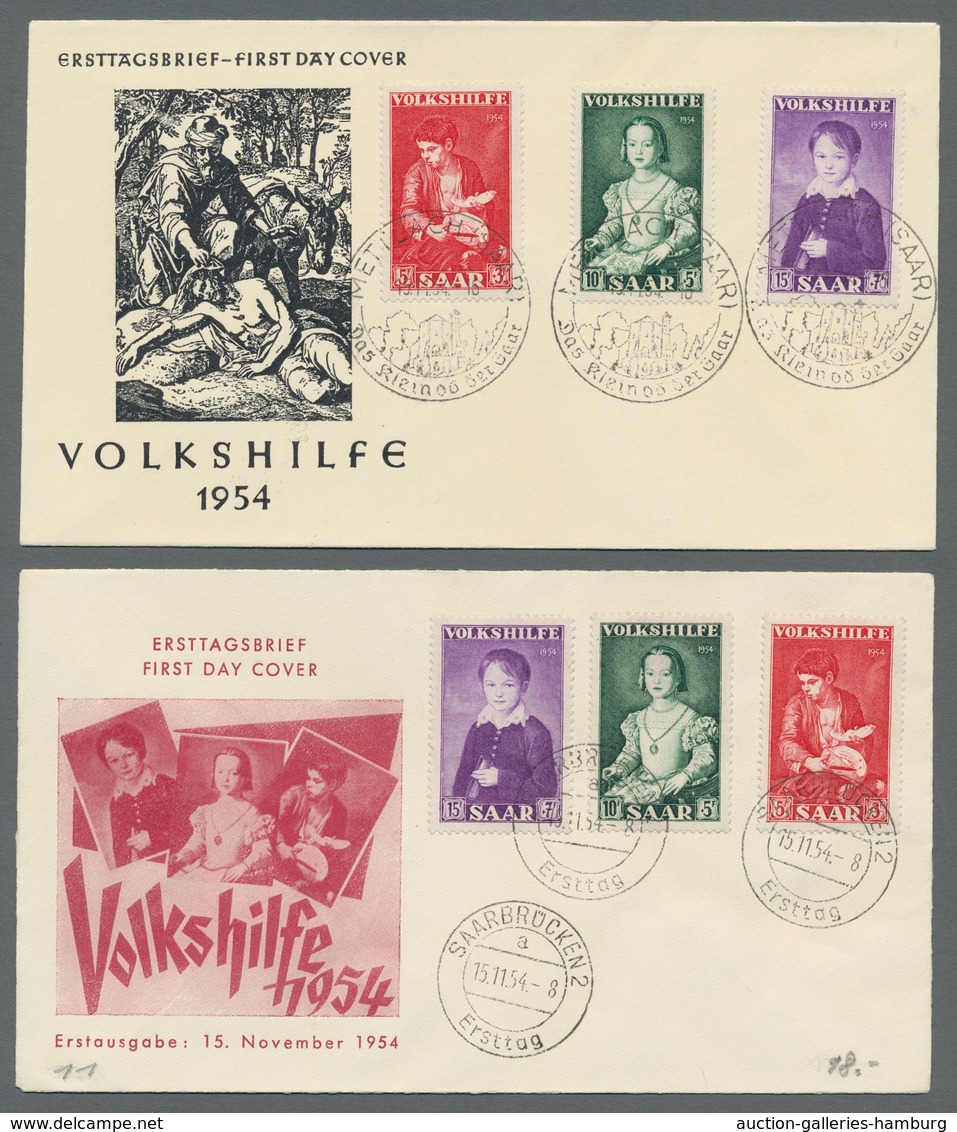 Saarland (1947/56): 1954, Volkshilfe-Satz Achtmal Kpl. Mit Ersttagsstempelentwertung Auf 8 FDC-Umsch - Briefe U. Dokumente