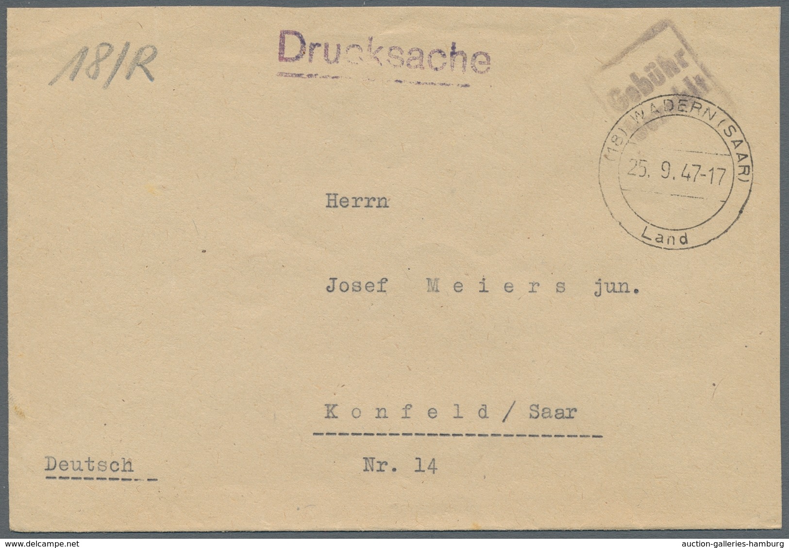 Saarland (1947/56) - Besonderheiten: 18 WADERN (SAAR) LAND 25.9.47 Neben "Gebühr Bezahlt", Saubere A - Sonstige & Ohne Zuordnung