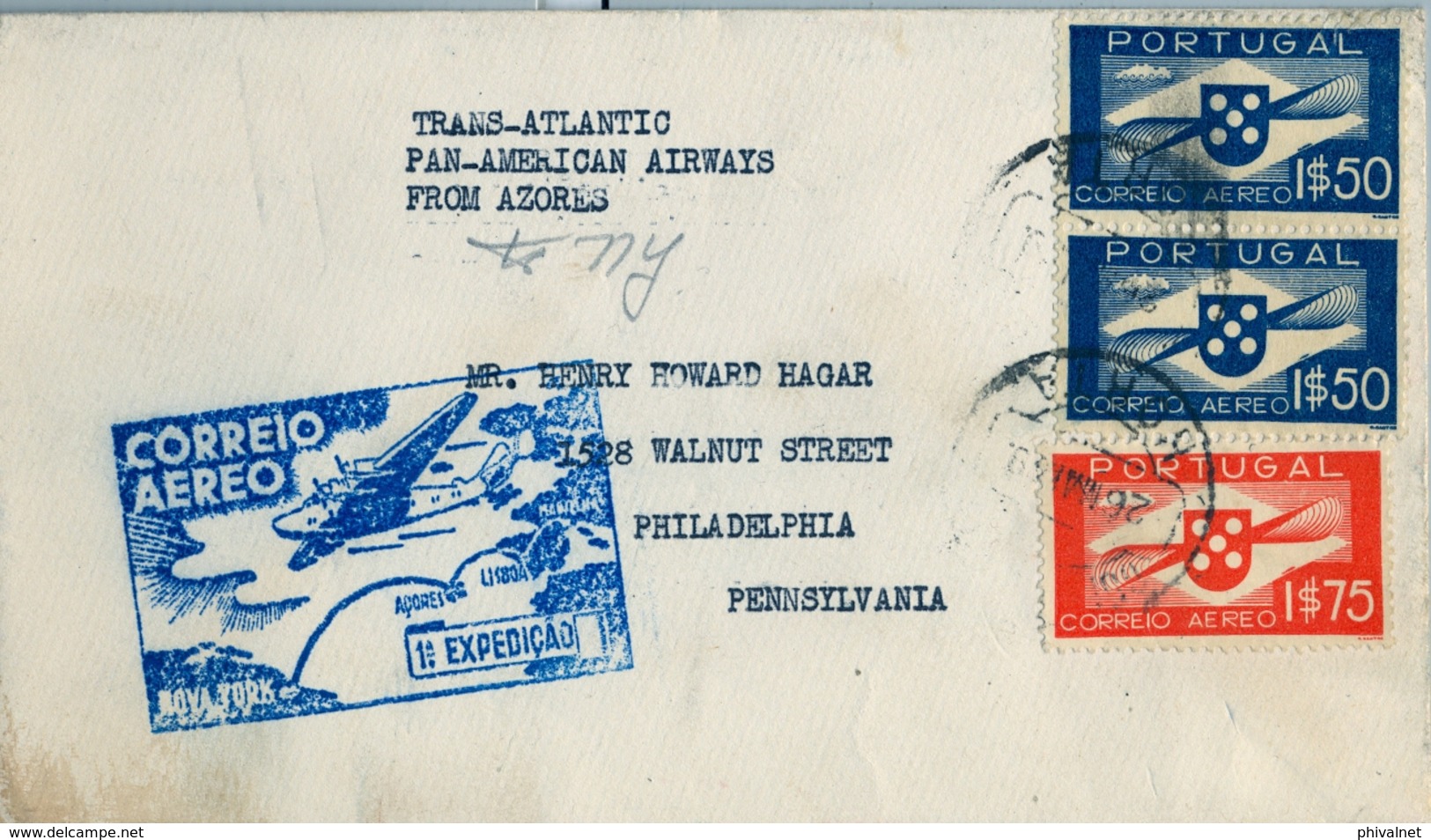 1939 PORTUGAL , HORTA - PHILADELPHIA , CORREO AÉREO , PRIMER VUELO , TRÁNSITO DE NEW YORK - Horta