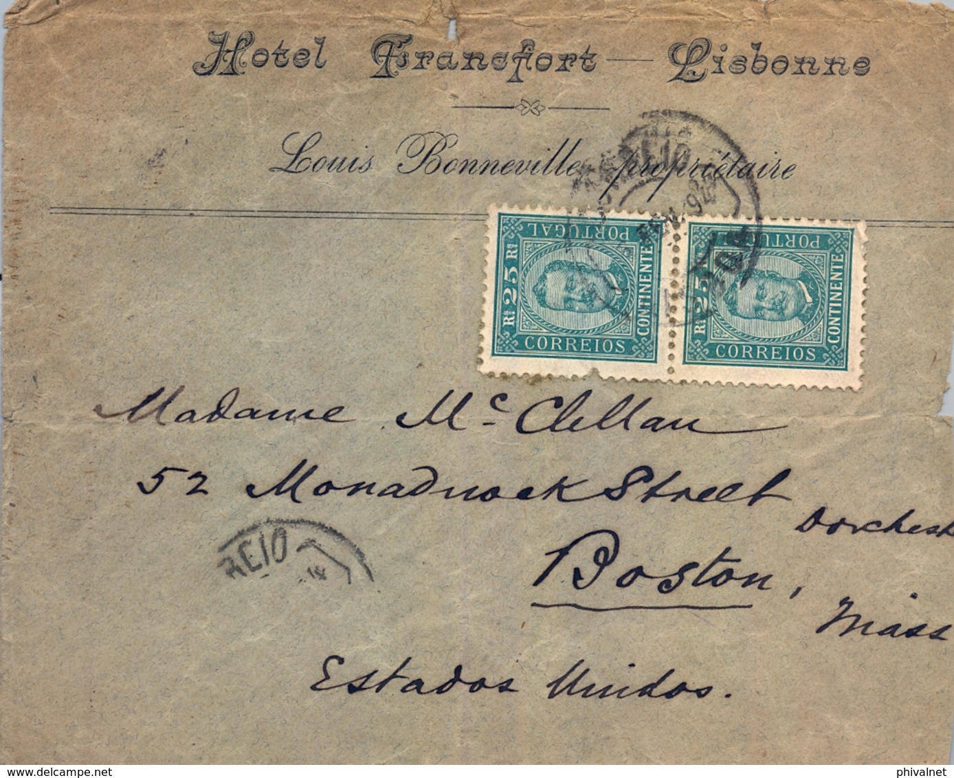 1894 , PORTUGAL , SOBRE CIRCULADO , LISBOA - BOSTON , D. CARLOS I 70 X 2 , LLEGADA AL DORSO , " HOTEL FRANCFORT " - Briefe U. Dokumente