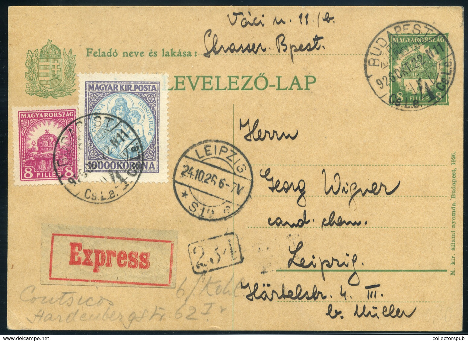 BUDAPEST 1926. Expressz Levlap Korona-fillér Vegyes Bérmentesítéssel Lipcsébe Küldve - Covers & Documents