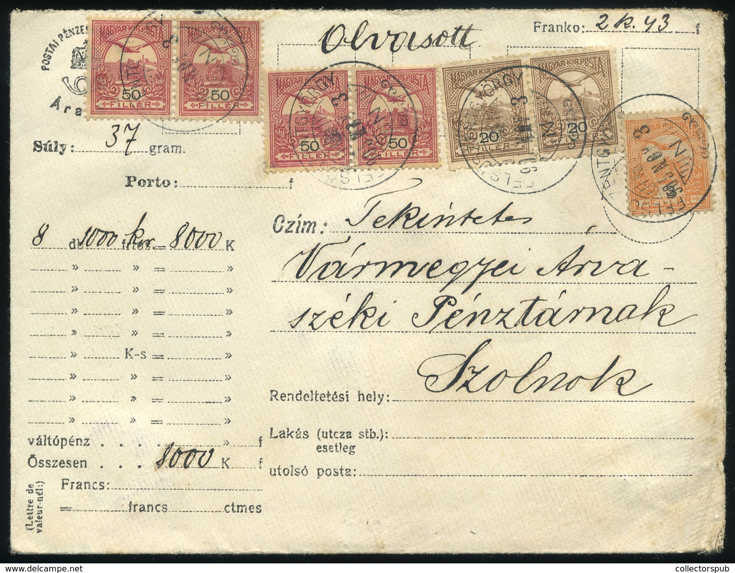 FELSŐSZENTGYÖRGY 1905. Értéklevél 2k43f-es Hétbélyeges Bérmentesítéssel Szolnokra. Szép Darab! - Used Stamps