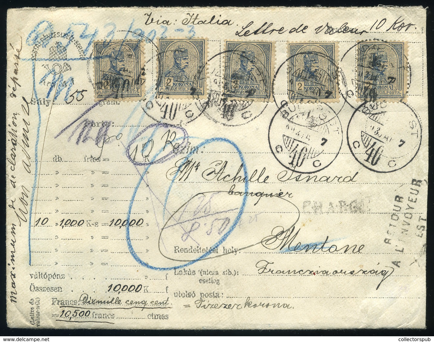 BUDAPEST 1904. Értéklevél 5*2K Bérmentesítéssel Franciaországba Küldve! Luxus,kiállítási Darab! - Used Stamps