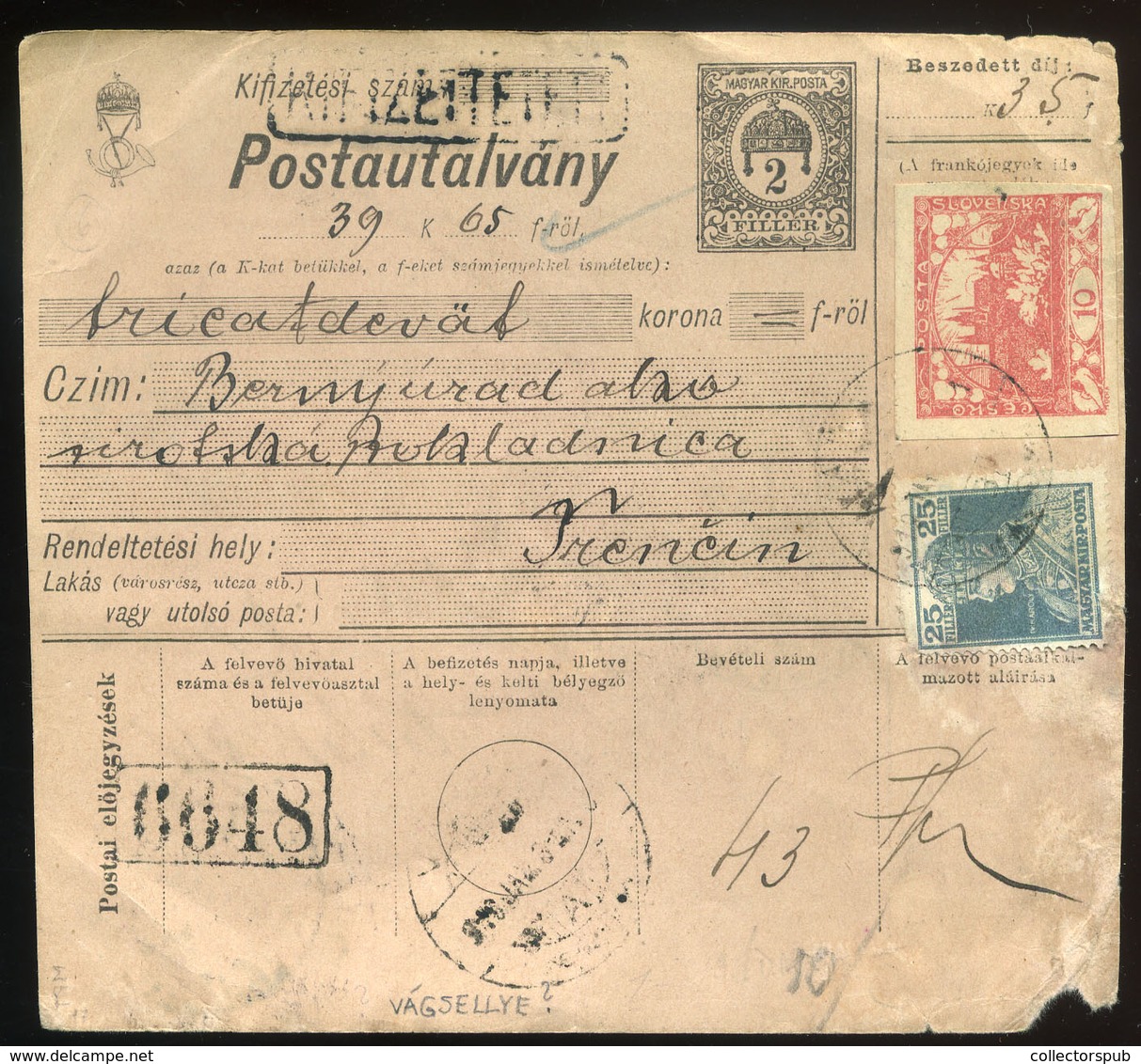 VÁGSELLYE 1919. Postautalvány Hradzsin-Károly Bérmentesítéssel Trencsénbe - Covers & Documents