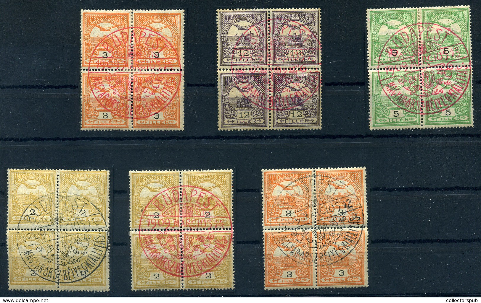 Négyestömbök 1909-es Kiállítási Bélyegzésekkel - Used Stamps