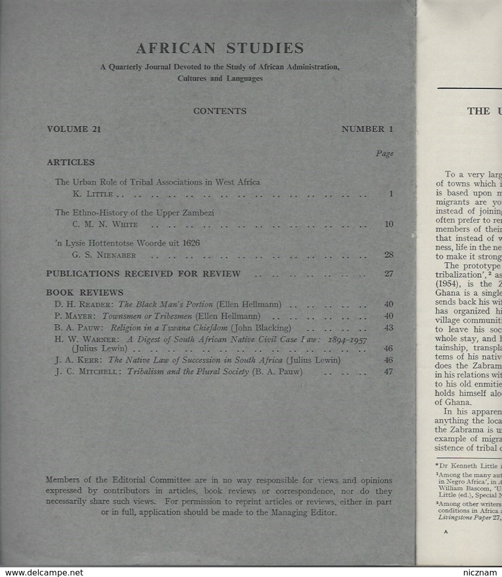 Revue AFRICAN STUDIES - Volume 21 - No 1 - 1962 - Sociologia/ Antropologia