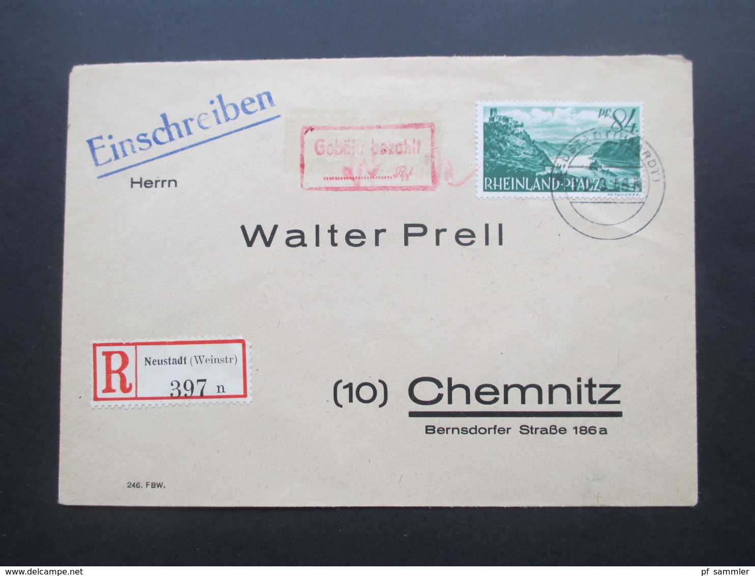 Rheinland-Pfalz 1948 Nr. 14 EF Und Roter Ra 2 Gebühr Bezahlt Auf Einschreiben Fernbrief Neustadt (Weinstr.) - Chemnitz - Rheinland-Pfalz