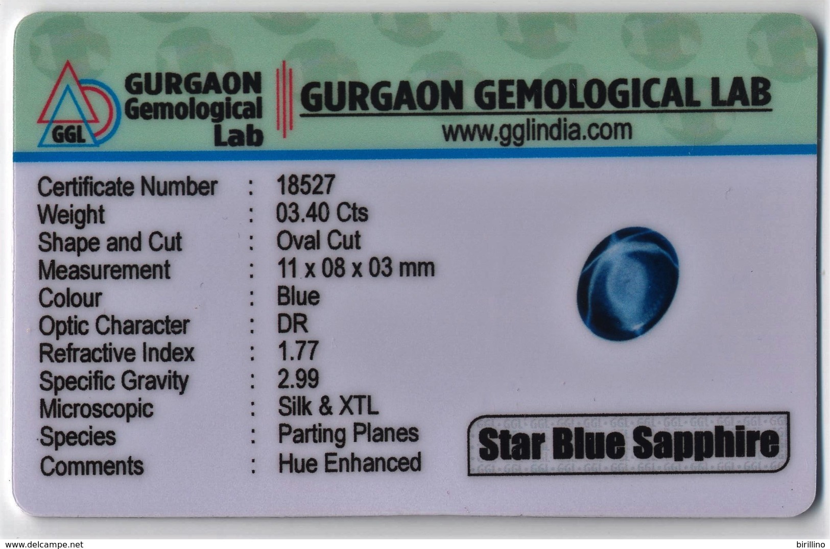 844 - Zaffiro Blu Ct. 3.40 - Oval Cut  - Certificato GGL India - Sapphire