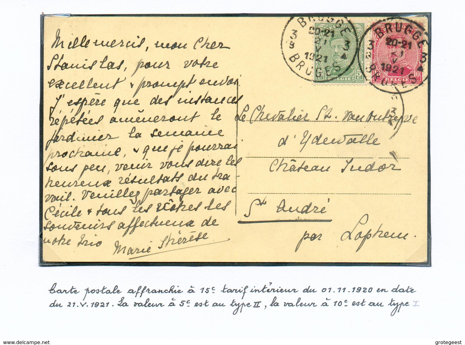 N°137/8 Obl. Sc BRUGGE 3 Sur C.V. Du 21-V-1921;  Tarif Intérieur Du 01.11.1920 De 15c. Le 137 Est Au Type II, Le 10 Cent - 1914-1915 Croix-Rouge