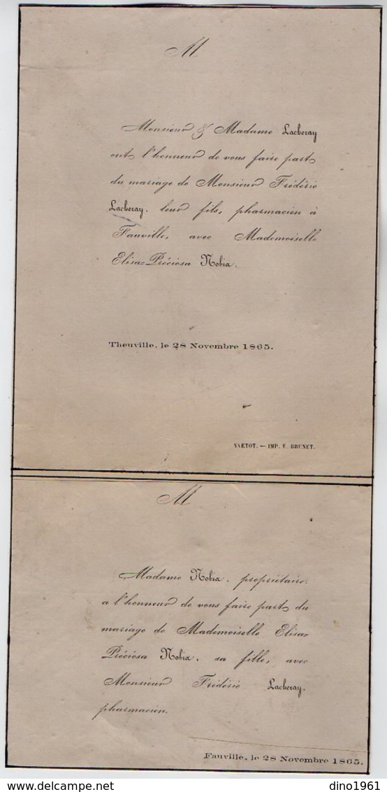 VP16.811 - YVETOT X FAUVILLE 1865 - Faire - Part De Mariage De Mr F. LACHERAY Pharmacien & Melle E. P.  NOBIA - Huwelijksaankondigingen