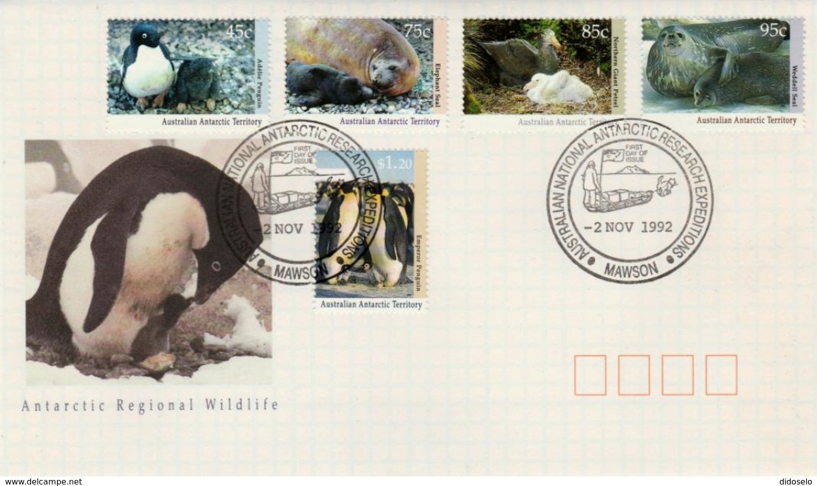 AAT - 1992 - Antartic Fauna Set On FDC - Mawson Base Cancel - FDC