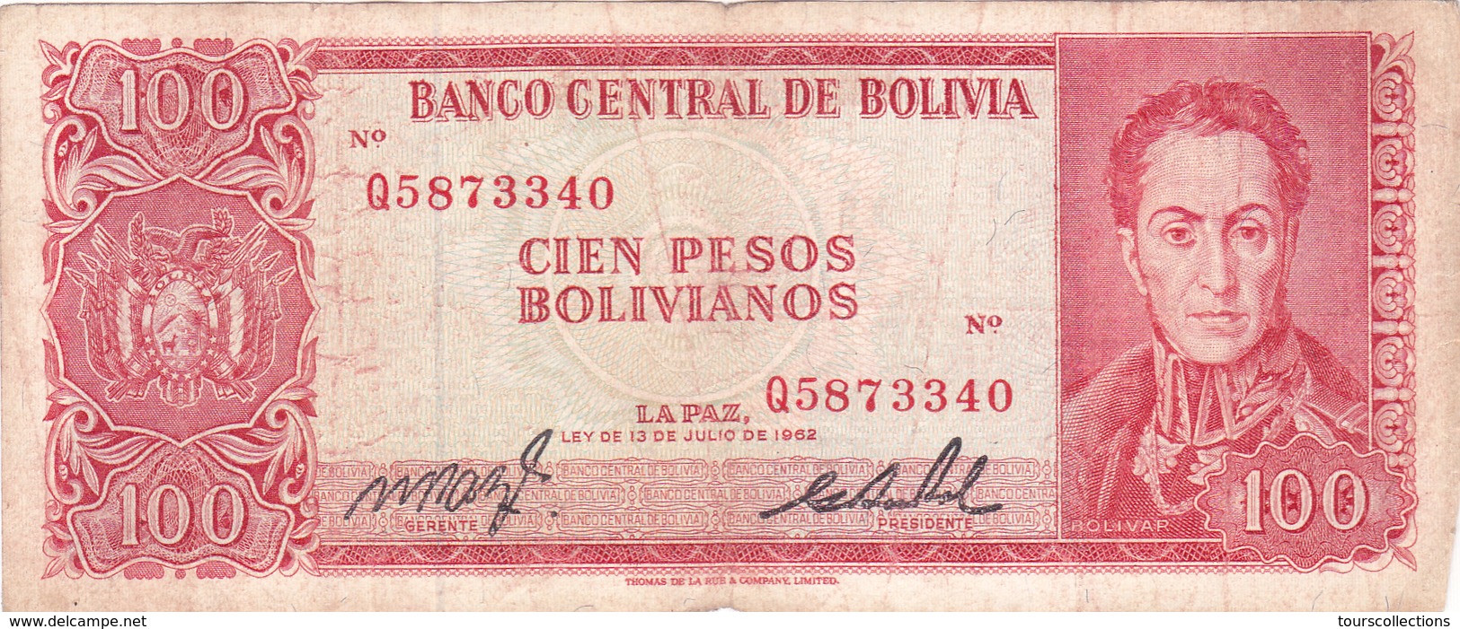 BILLET BOLIVIE De 100 PESOS BOLIVIANOS De 1962 - Simon Bolivar - N° Rouge Q58 - Bolivie