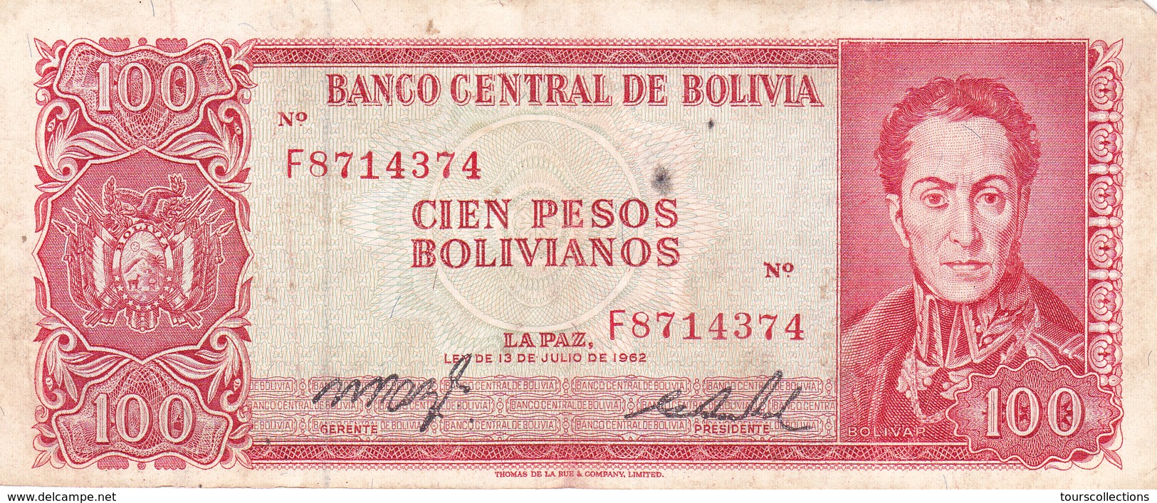 BILLET BOLIVIE De 100 PESOS BOLIVIANOS De 1962 - Simon Bolivar - N° Rouge U30 - Bolivien