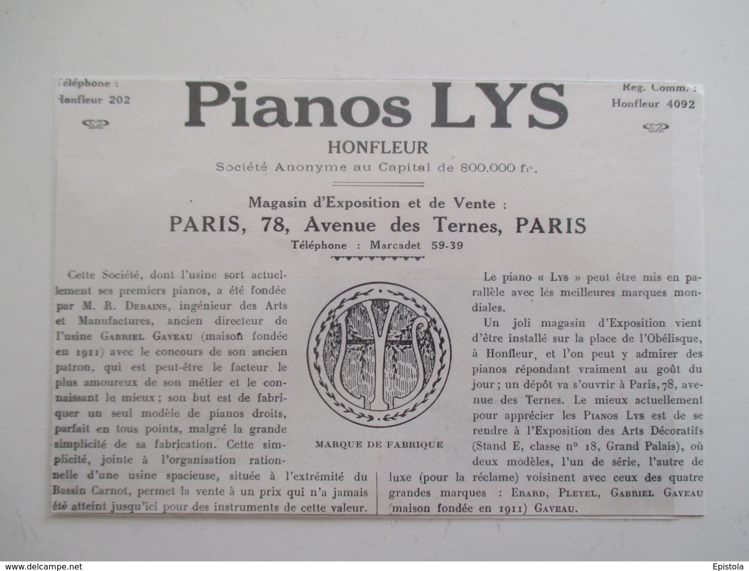 Année (1925) HONFLEUR   - Manufacture De PIANOS LYS  - Ancienne Coupure De Presse - Instruments De Musique