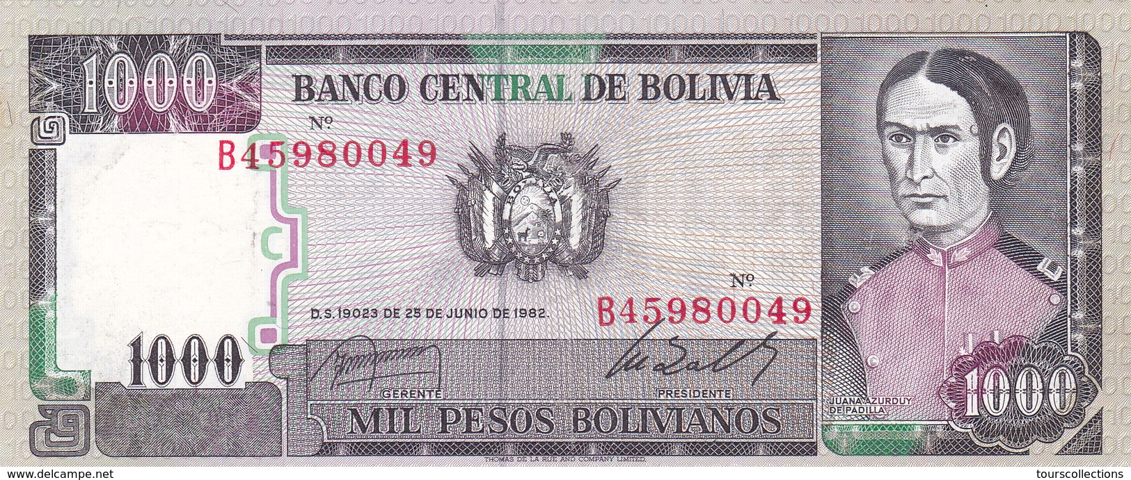 BILLET BOLIVIE De 1000 PESOS BOLIVIANOS De 1982 - J.A De Padilla - N° Rouge B45 - Bolivie