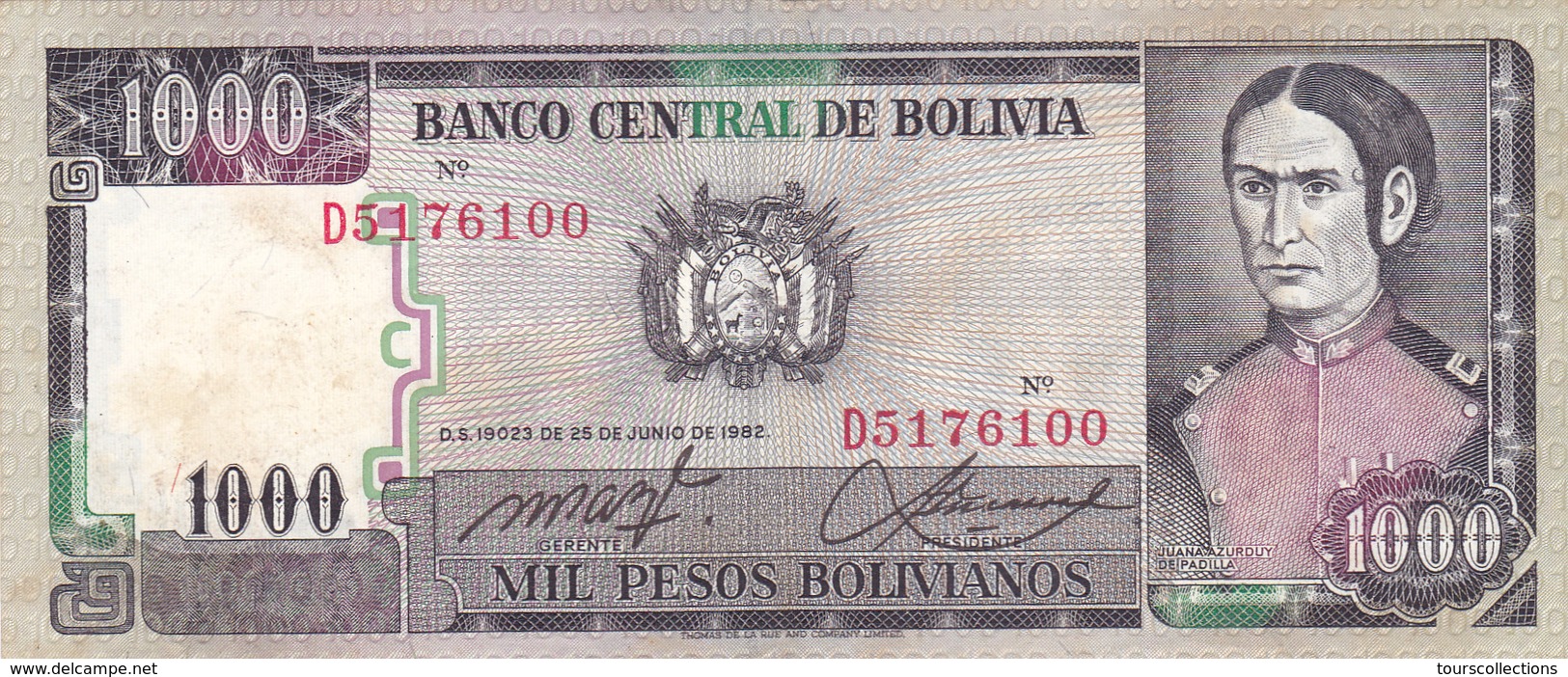 BILLET BOLIVIE De 1000 PESOS BOLIVIANOS De 1982 - J.A De Padilla - N° Rouge D51 - Bolivie