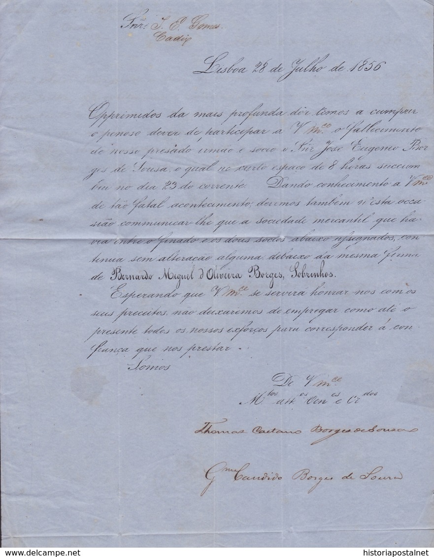 1856. LISBOA A CÁDIZ. FECHADOR CIRCULAR EN NEGRO. PORTEO 1 REAL AZUL DE CÁDIZ. TRÁNSITO BADAJOZ Y LLEGADA. BONITA. - ...-1853 Prefilatelia