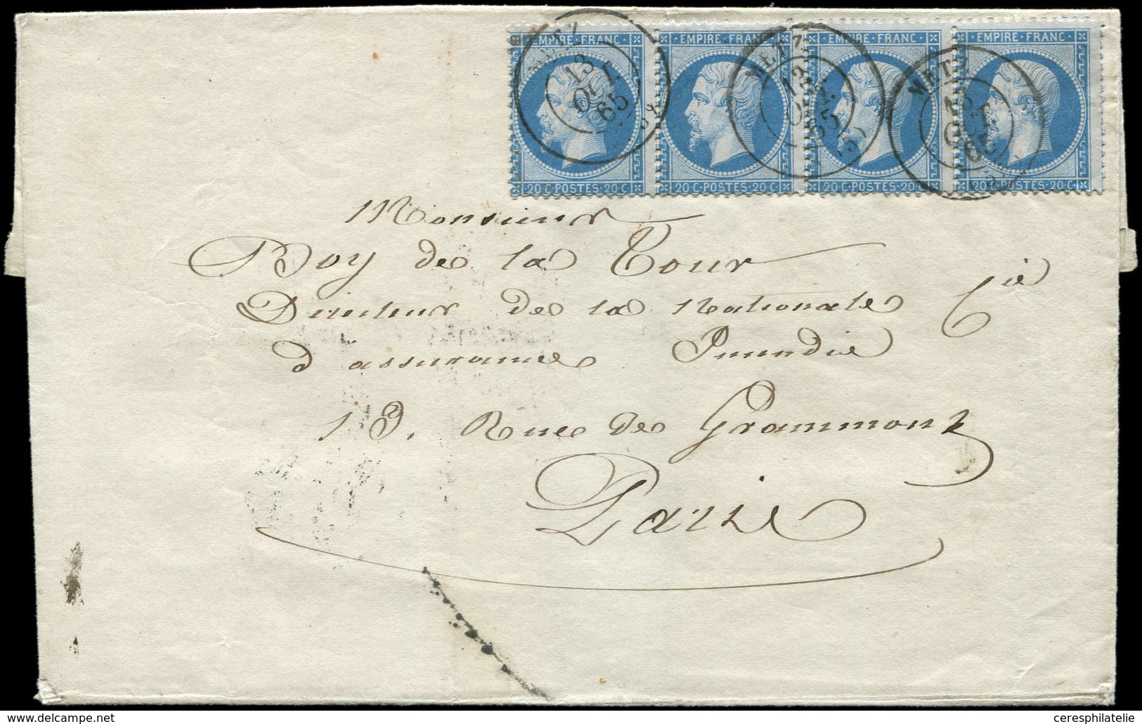 Let EMPIRE DENTELE - 22   20c. Bleu, BANDE De 4, 4e T. Petit Pli D'archive, Obl. Càd T15 METZ 13/10/65 S. LSC, TB - 1862 Napoléon III