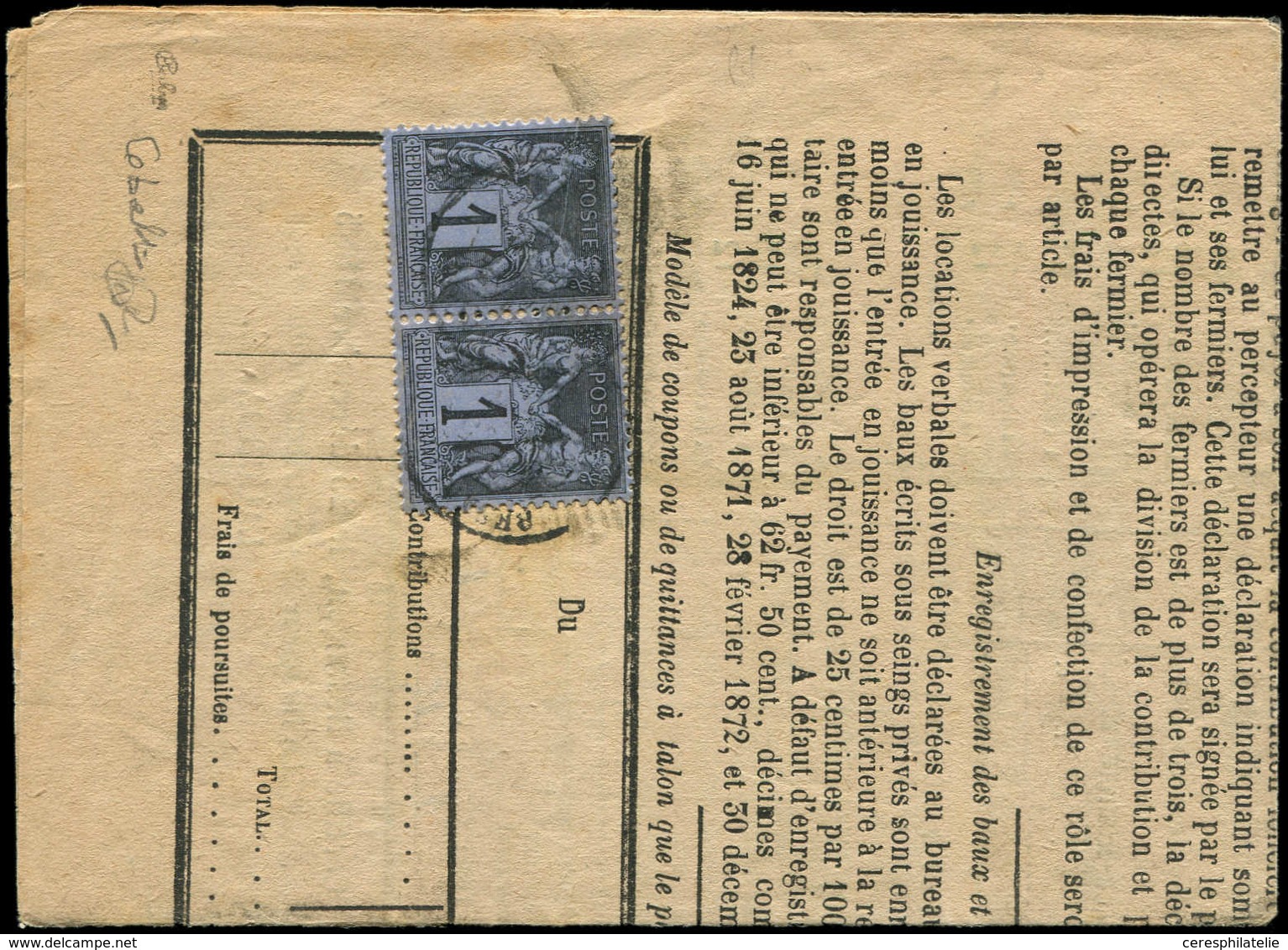 Let TYPE SAGE SUR LETTRES - N°83c 1c. Noir Sur COBALT, PAIRE Obl. Càd BESANCON Sur Avertissement De Percepteur Du 25/12/ - 1877-1920: Periodo Semi Moderno