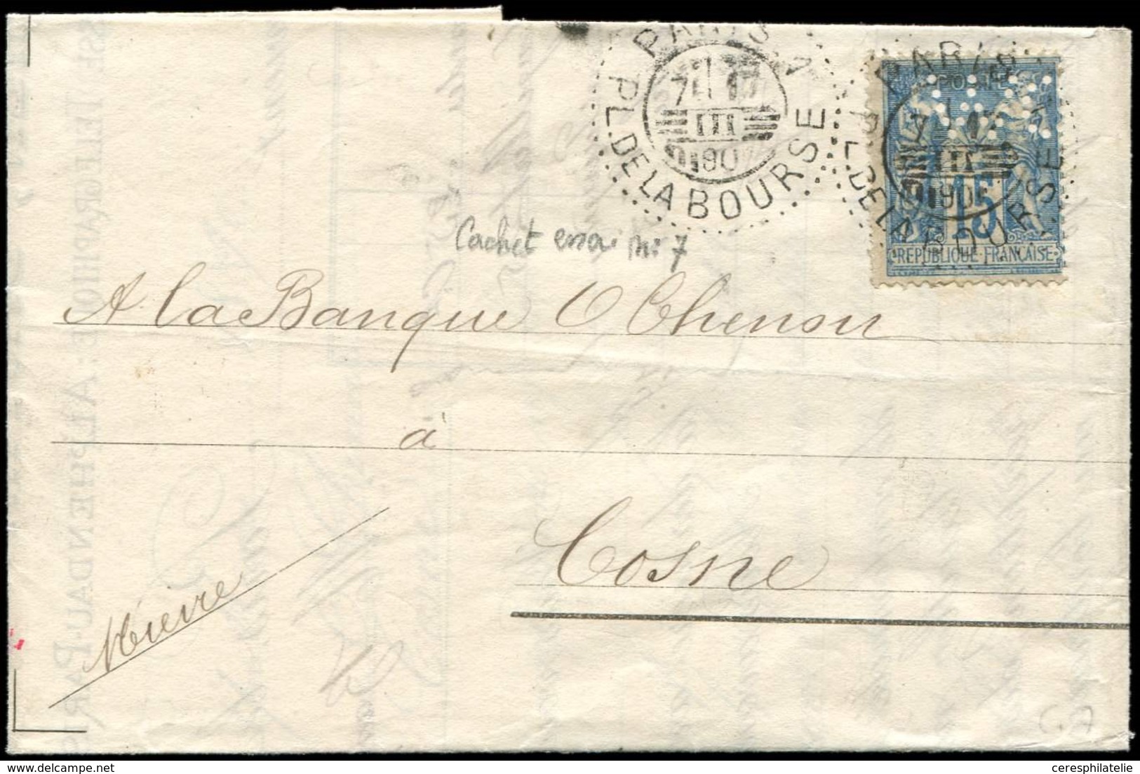 Let TYPE SAGE SUR LETTRES - N°90 Perforé WC Obl. Càd D'ESSAI PL. De La BOURSE (Cérès N°7) 17/3/90 Sur LAC, R, TTB - 1877-1920: Periodo Semi Moderno