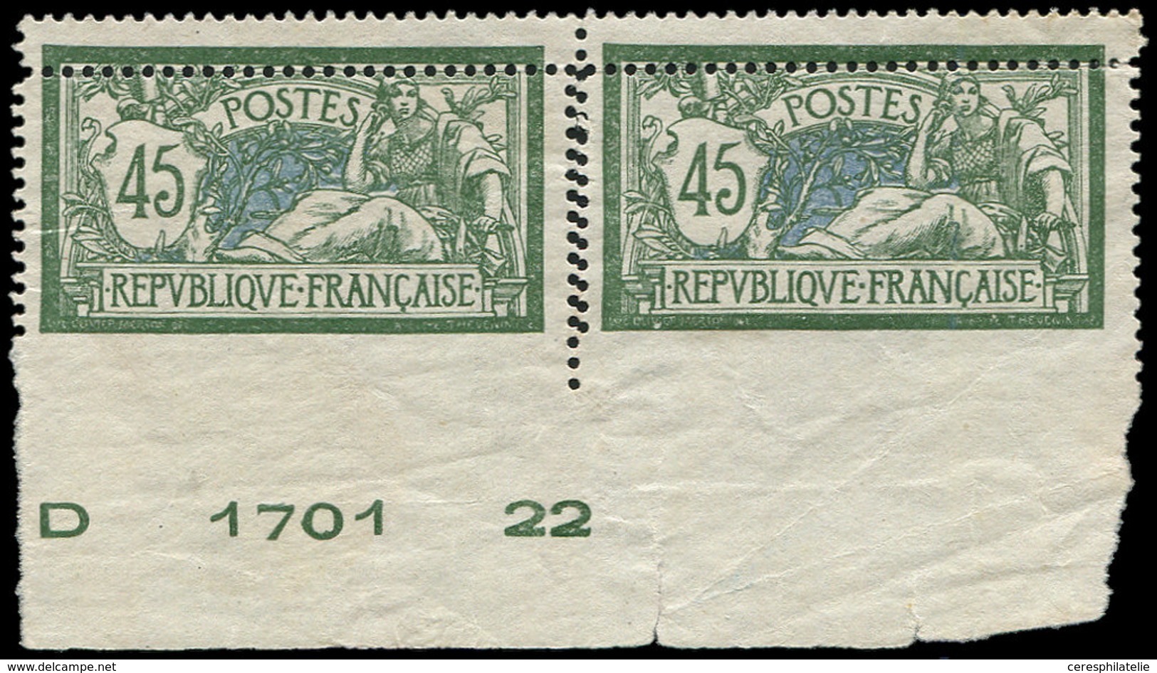 * Collection Au Type Merson - 143  45c. Vert Et Bleu, PAIRE Bdf Dentelée 3 COTES Et DOUBLE Piquage, Gomme Partielle, R E - 1900-27 Merson